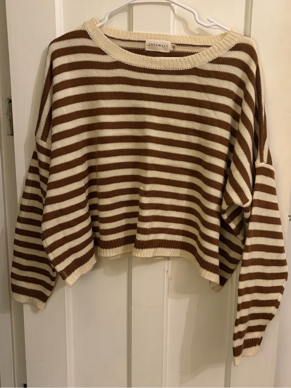 Dreamers Cream and Brown Striped Crewneck Sweater